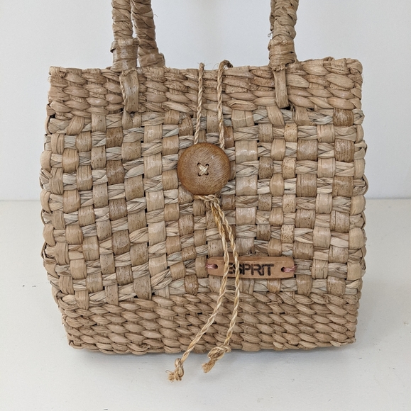 Vintage 90 Esprit Cottagecore Tan Woven Ratan Square Basket Mini Bag - Picture 5 of 9